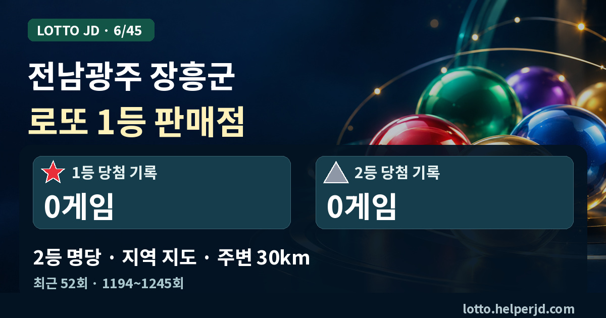 전남광주 장흥군 로또 1등 판매점·2등 명당 지도 · 최근 52회 1등 0게임, 2등 0게임